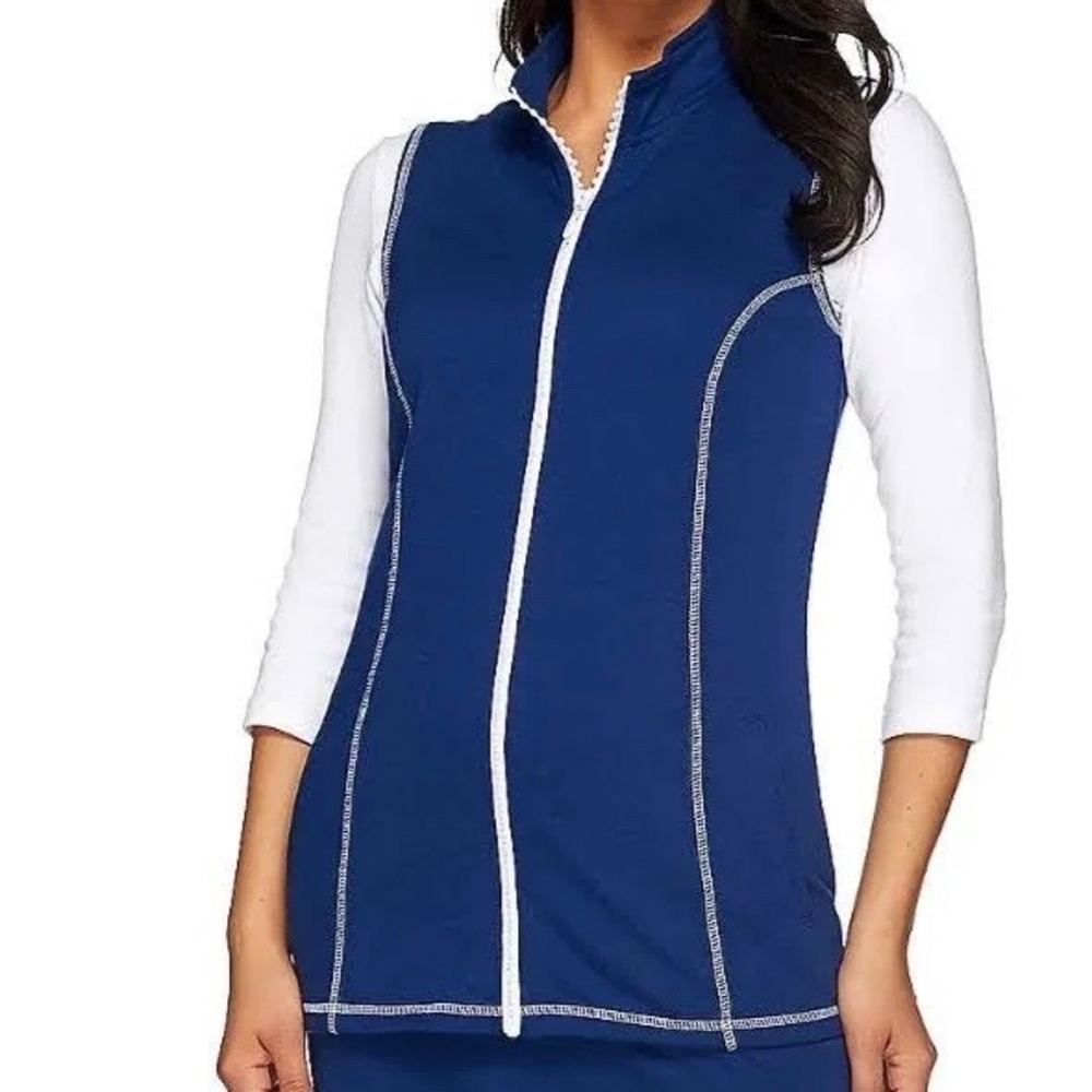 Quacker Factory Navy Blue Zip Front Vest Rhinestone Mock Neck NWT Granny Core L